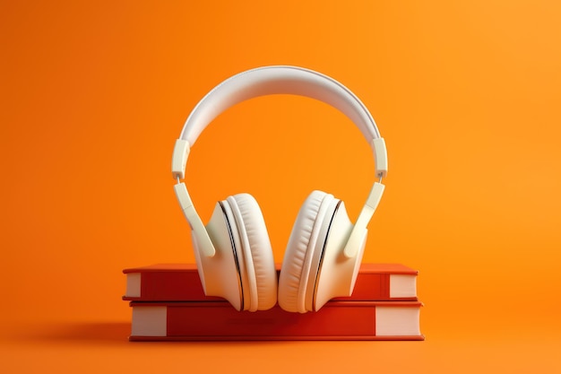 Audiobooks Learning knowledge and hobby headphones on a bright orange background