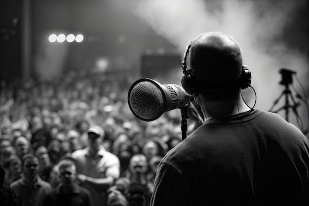 Audioluidspreker met microfoon op het podium voor een live publiek