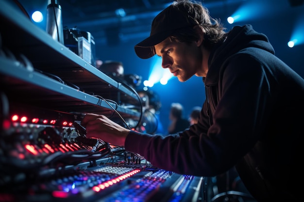 Audiovisual technician setting up equipment for a live event Generative AI