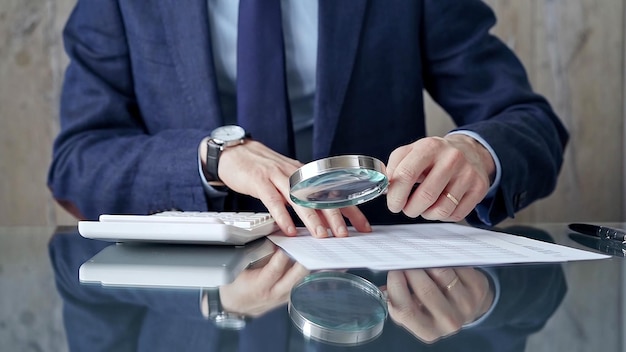 auditor man analyzing financial documents with magnifying glass and calculator at his glass office desk in formal blue jacket business people concept