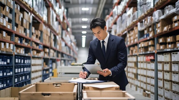 Auditor using tablet in warehouse