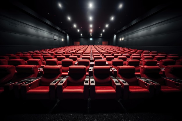 Foto auditorium en grote bioscoopzaal met scherm en lege stoelen