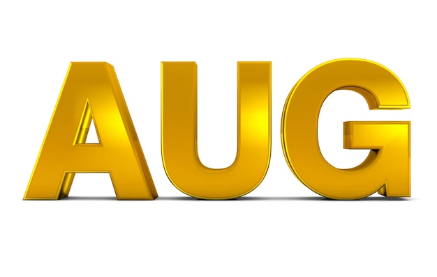 Aug Gold 3D Text - August Month Abbreviation isolated on white background. 3D render.