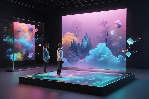 Foto arte in realtà aumentata su schermi galleggianti olografici con elementi interattivi e mockup di contenuti generati dagli utenti