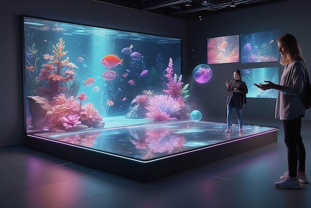 Photo augmented reality art on holographic floating screens with interactive elements and usergenerated content mockup