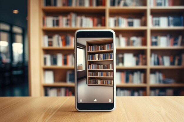 Foto augmented reality bookshelf on smartphone