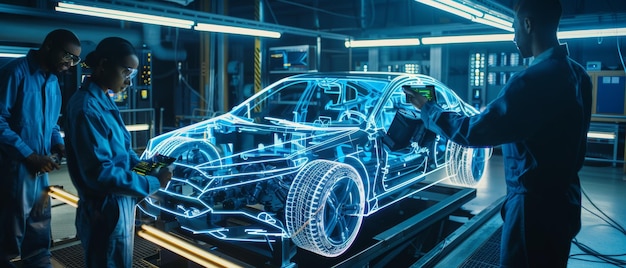 An Augmented Reality Hologram is used by a team of automotive engineers to construct 3D models of a hightechnology electric vehicle engine Manufacturing Robot Arms