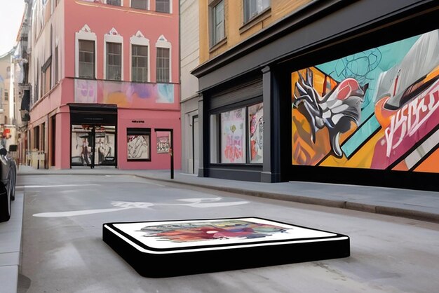 Photo augmented reality street art in an urban setting with dynamic overlays and usergenerated content mockup