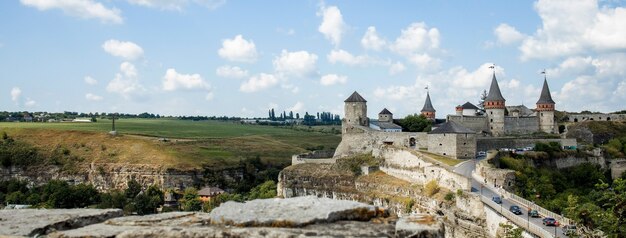 August 12, 2020 Kamenets Podolsk Scenic summer view of ancient fortress castle in Kamianets-Podilskyi