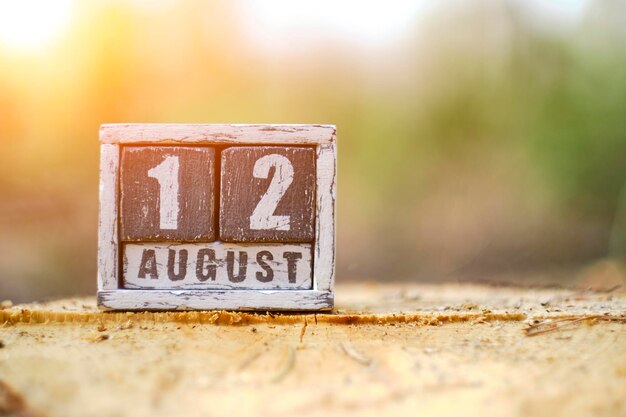 Photo august 12 on a wooden calendar standing on stump forest with solar flareyouth day