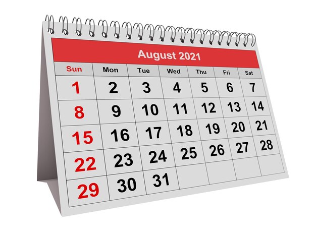 August 2021 - one page of the annual monthly calendar. 3d rendering