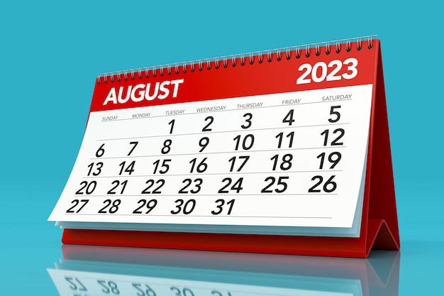 August 2023 Calendar Isolated on Blue Background 3D Illustration