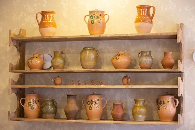 August 29 2020 Belarus Gomil City holiday Clay pots are on a shelf