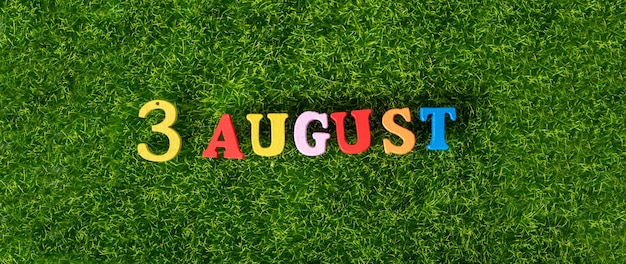 August 3 Image of wooden colored letters and numbers on green grass