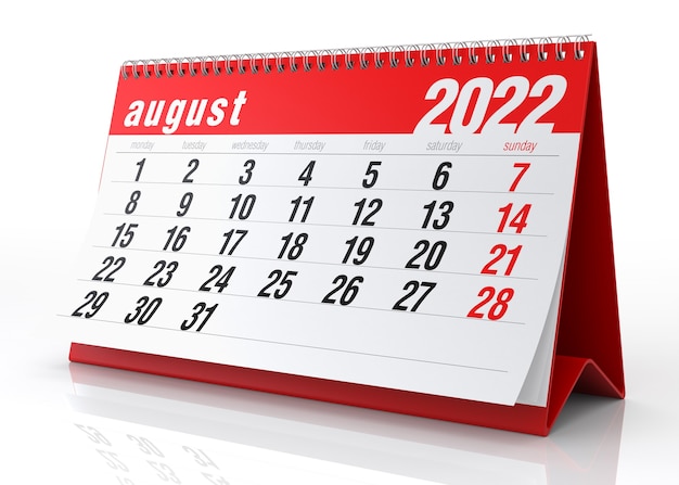 Augustus 2022 Kalender. Geïsoleerd op een witte achtergrond. 3D Illustratie