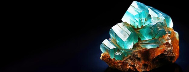 Photo aurichalcite is rare precious natural stone on a black background ai generated header banner mockup