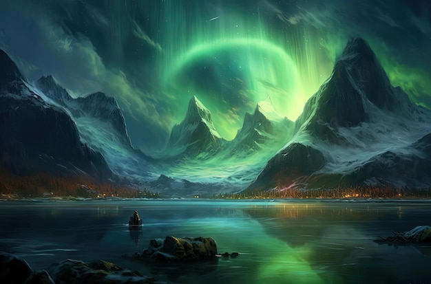 An aurora bore over a lake with snow covered mountains in the style of dark aquamarine and green