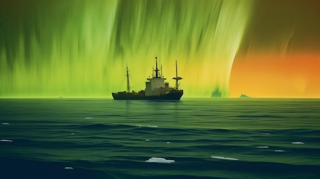 Aurora boreal ship in arctic sea photosurrealist photorealism