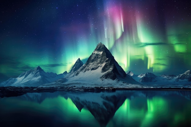 Aurora Borealis boven de berg Kirkjufell IJsland De hoogste berg ter wereld 's nachts met het noorderlicht AI gegenereerd