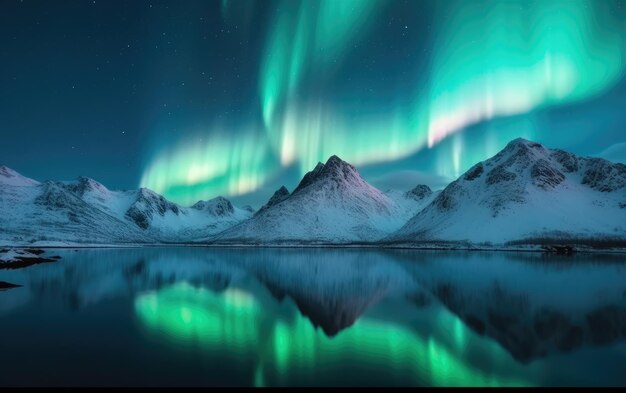 Aurora borealis boven de besneeuwde bergen op de Lofoten-eilanden Noorwegen Northern Generative AI