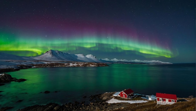 Aurora borealis boven een dorp Aurora borealis over een dorp