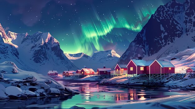 Photo aurora borealis dancing over hamnoy in norway stunning and ethereal lights in night sky