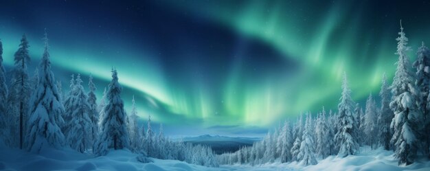 Photo aurora borealis over the frosty forest forest in the mountains