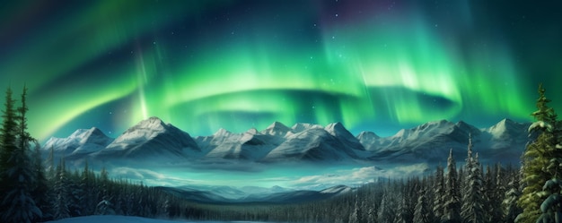 Aurora borealis over the frosty forest Forest in the mountains