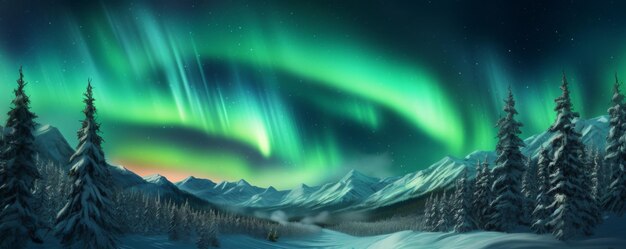 Aurora borealis over the frosty forest Forest in the mountains