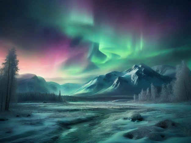 Aurora borealis over the frosty forest green northern lights above mountains night nature landsca