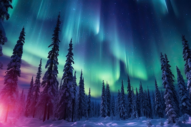 冬の森の家の上のオーロラ・ボレアリス 北極光 AI生成