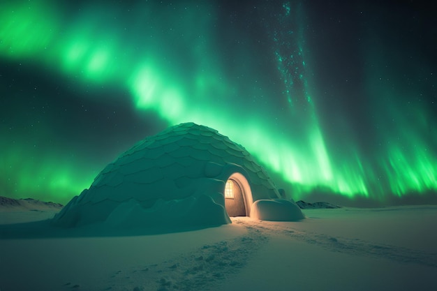 Aurora borealis over an igloo in the arctic