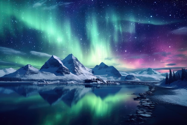 Aurora borealis in de nachtelijke hemel boven bergen en meren Een ijzige en bevroren textuur van een sneeuwvlok AI gegenereerd