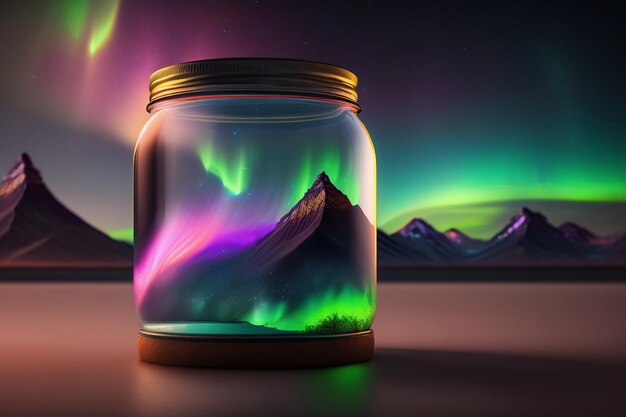 Foto aurora borealis in een glazen pot op een reflecterend oppervlak_generative ai_3