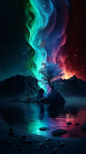 The aurora borealis is a beautiful painting of a tree with the colors of the northern lights.