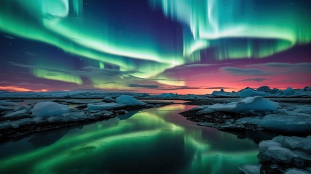 Foto aurora boreale su jokulsarlon islanda ia generativa