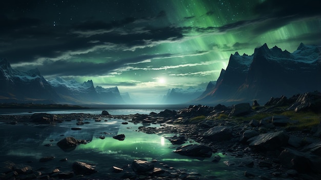 aurora borealis over lake in mountains