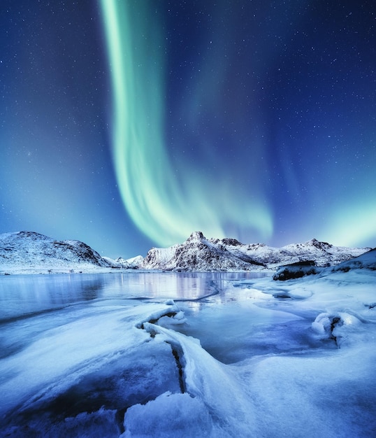 Aurora Borealis Lofoten-eilanden Noorwegen Nothen licht en reflectie op het meeroppervlak Winterlandschap 's nachts Noorwegen reisbeeld