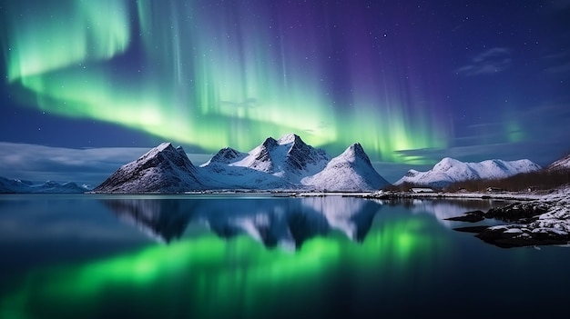 aurora borealis on the Lofoten island Norway at night with reflection