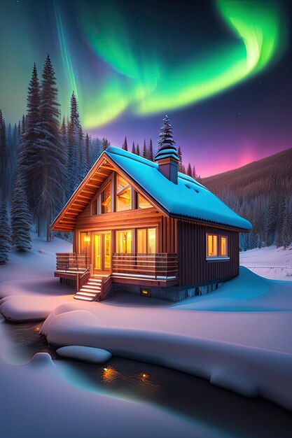 Aurora borealis over the modern chalet digital artwork