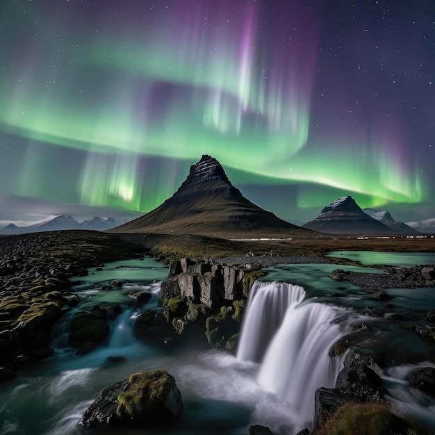 Aurora borealis over a mountain Iceland