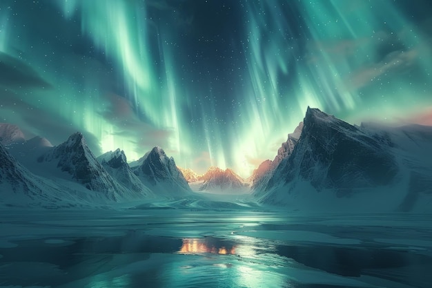 山脈と湖の上の北極光