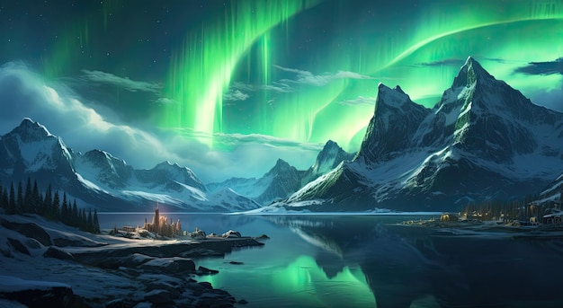 Aurora Borealis Over Mountain Range