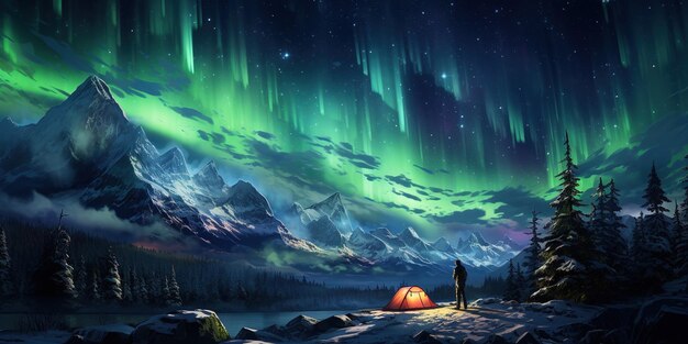 밤 에 오로라 보레아리스 와 함께 눈 위 에 캠핑 하는 사람