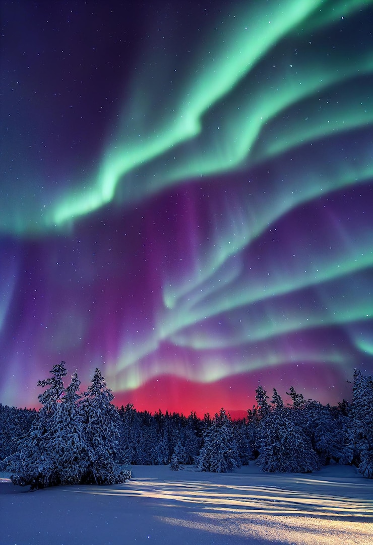 Aurora Borealis Noorderlicht en mooie ster op nachtelijke hemelachtergrond Realistische 2D-illustratie