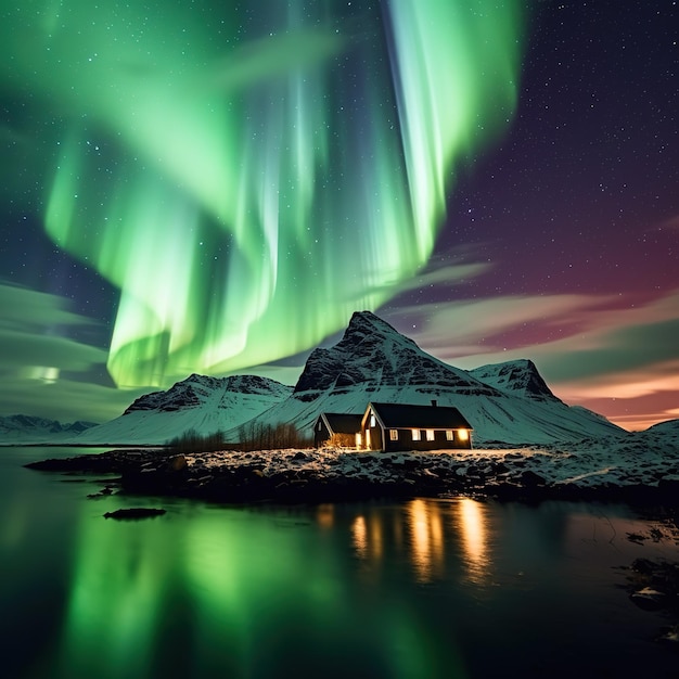 Aurora Borealis Noorderlicht over berg met één persoon op Skagsanden-strand Lofoten-eilanden