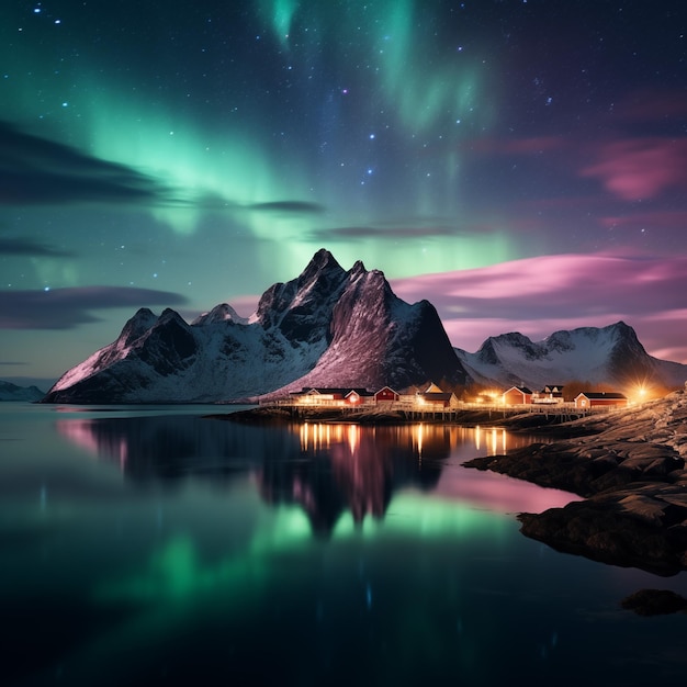 Aurora borealis noorderlicht over de zee en de bergen
