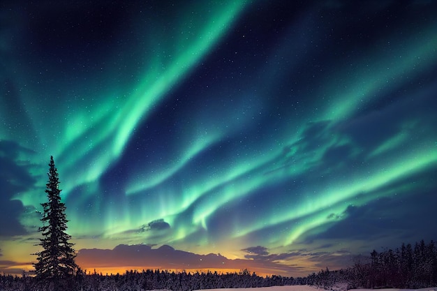 Aurora Borealis (noorderlicht), poollicht realistische 2D illustratie op nachtelijke hemelachtergrond.