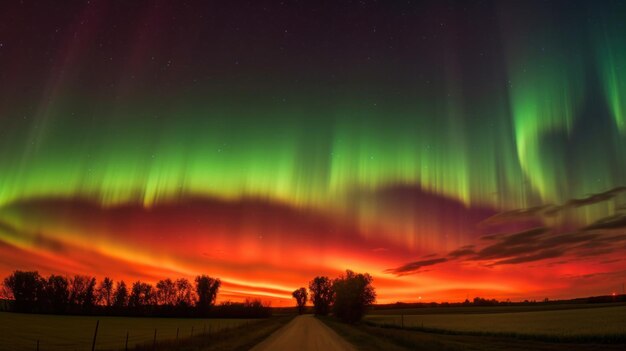 Aurora borealis northern light in the sky over a country road Canada Generative AI