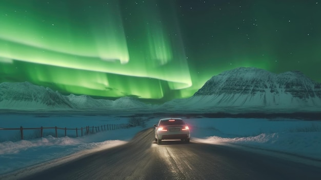 Aurora borealis northern lights car on the road Generative AI